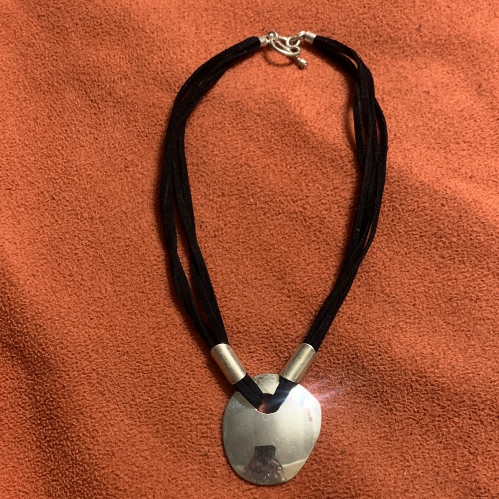 .925 Sterling Silver Disk on Triple leather strap necklace toggle closure